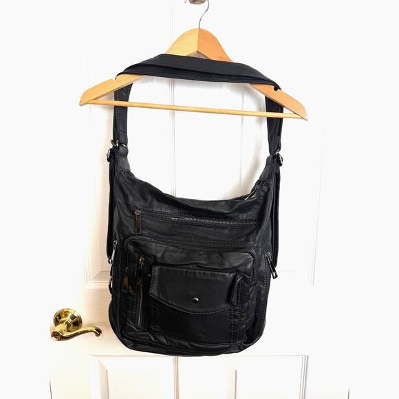 Unbranded Black Faux Leather Convertible Backpack Hobo Bag Multi-Pocket - Picture 6 of 14